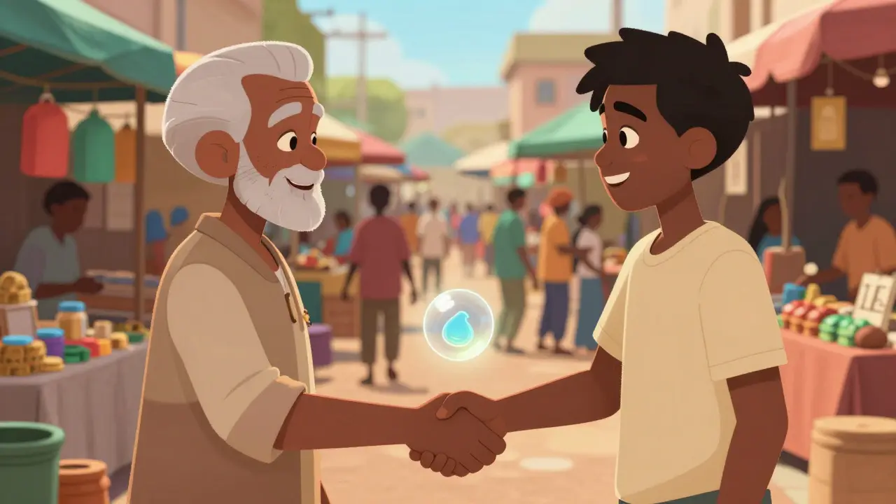 Two people trading digital coins in a vibrant Nigerian P2P market scene