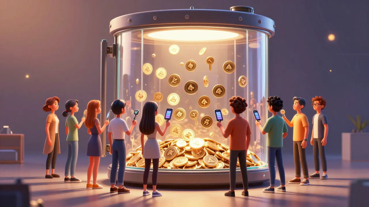 Verified users standing before a transparent vault filled with shimmering tokens.