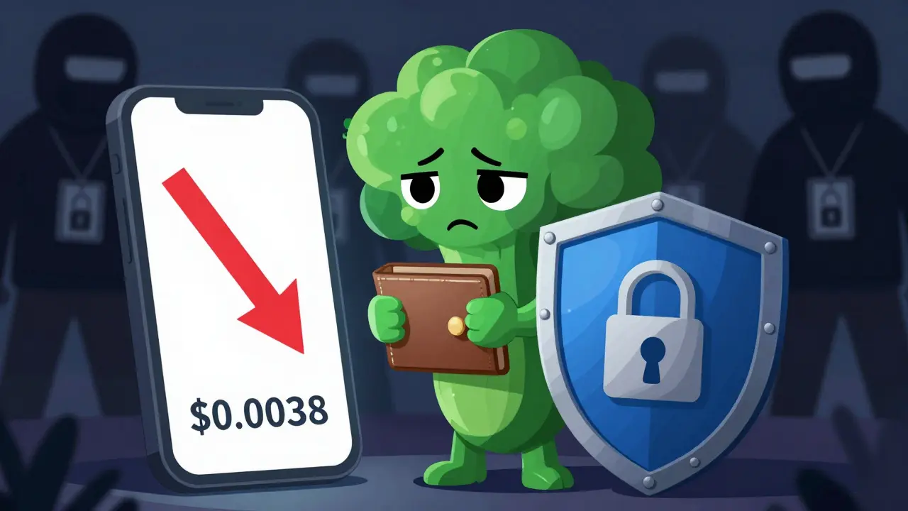 Worried broccoli character protected by security shield from scams