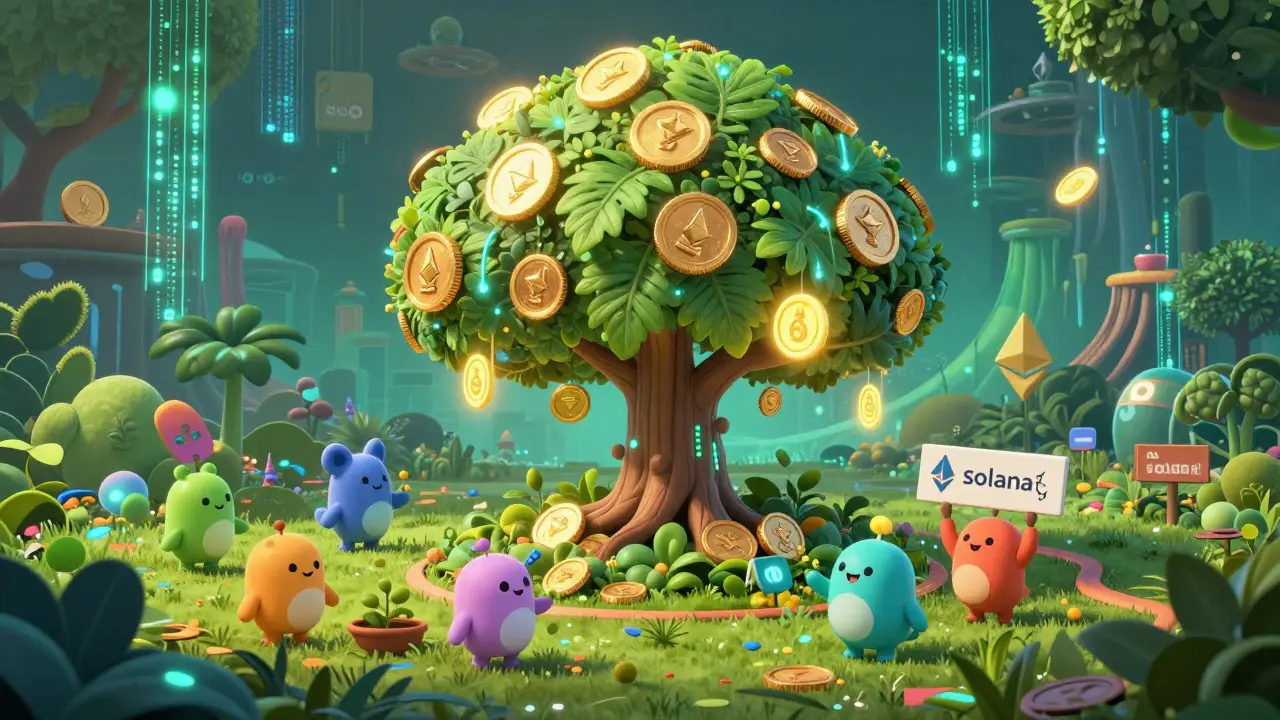 A magical digital garden showing staking rewards and community governance in Pixar style.