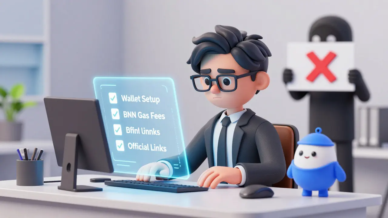 A Pixar-style investor checking a security checklist with a mascot warning against phishing scams.