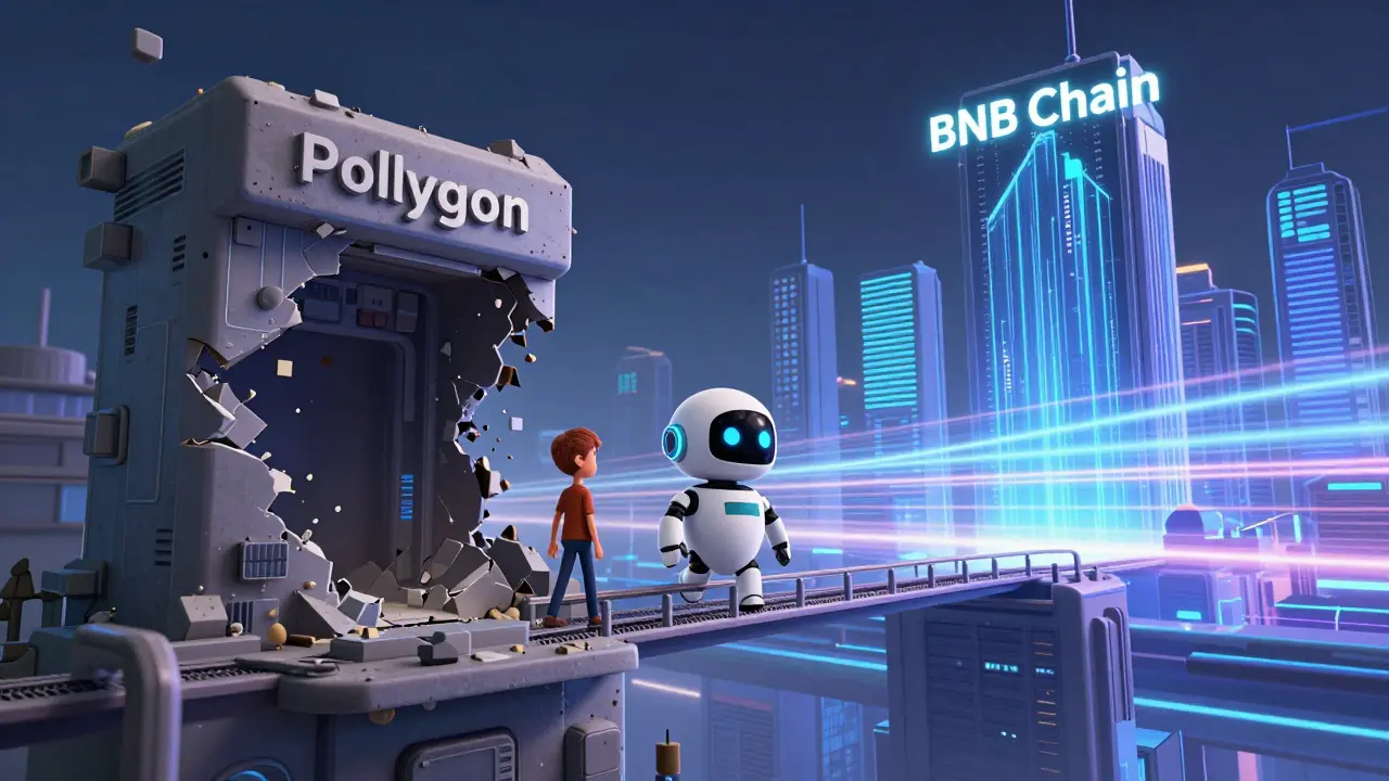 A Pixar-style robot guiding a user from a fading Polygon world to a vibrant new BNB Chain city.