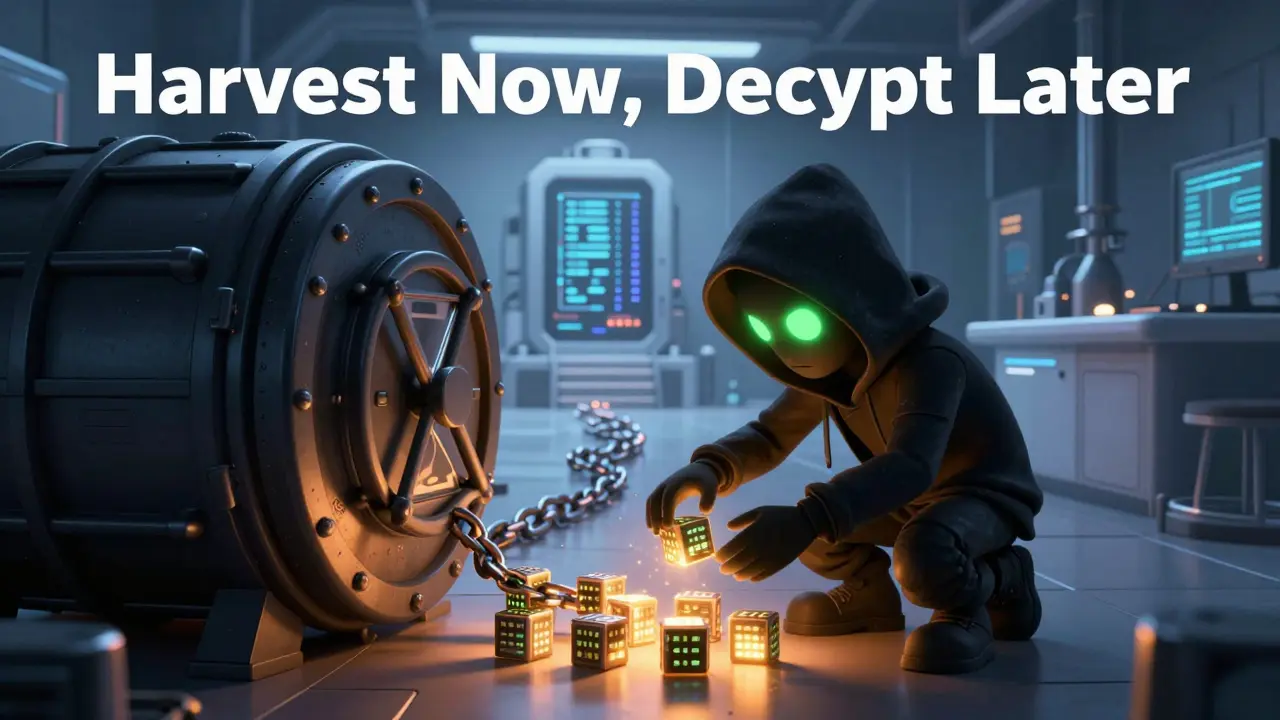 A shadowy hacker stealing data blocks to store for future quantum decryption.