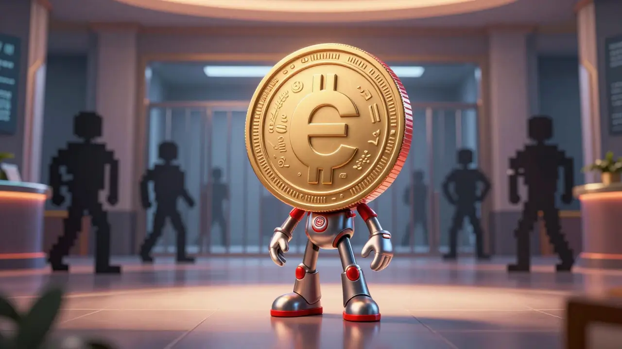A shiny e-CNY coin character stands confidently while crypto shadows fade