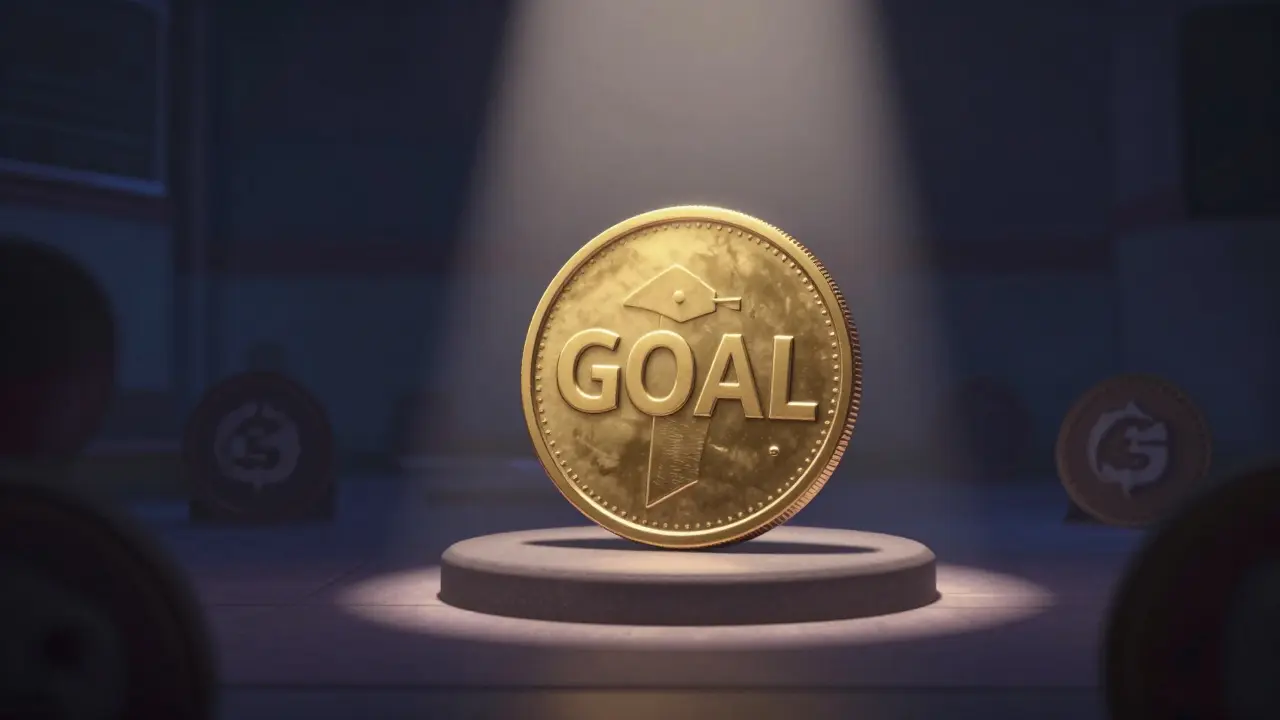 A single GOAL token under a spotlight in a moody setting