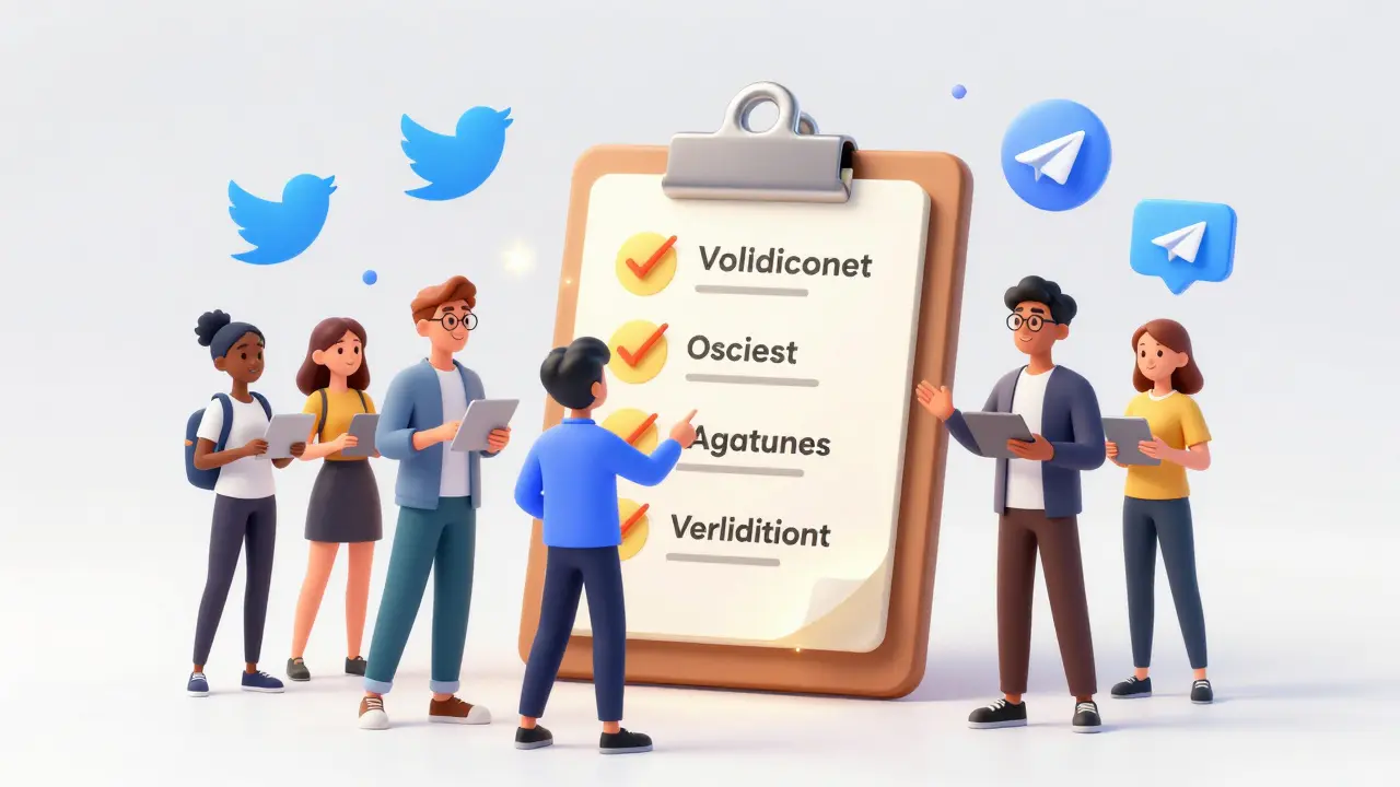 Animated fans completing social tasks for a crypto airdrop