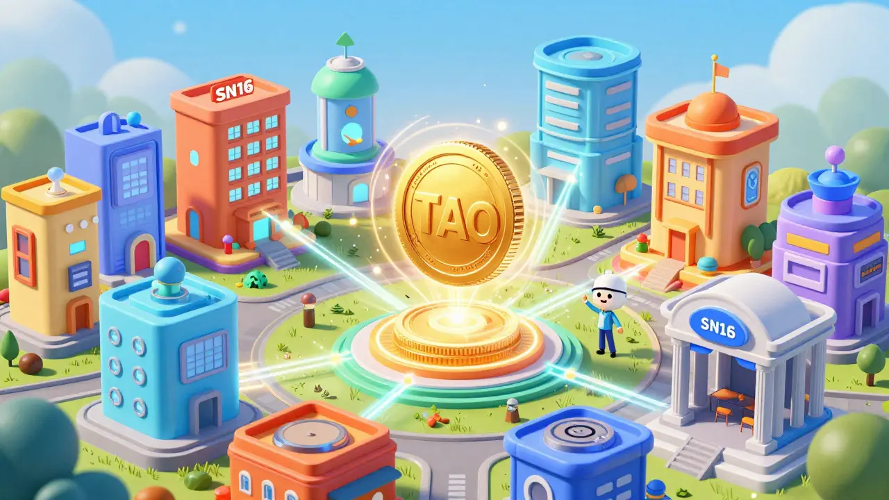 Bittensor TAO token powering colorful AI subnet buildings