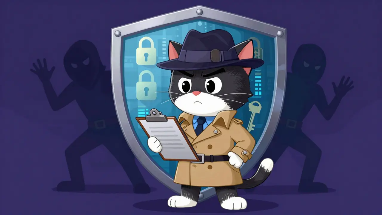 Brave cat detective protecting assets with a digital security shield.