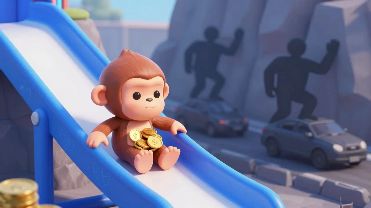 Cartoon ape sliding down a fast track while others struggle with fees