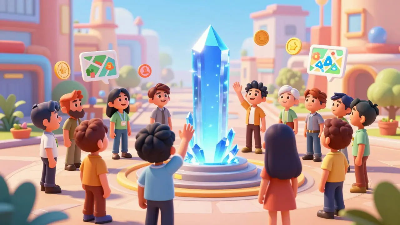 Cartoon avatars voting together in a virtual DAO town square.