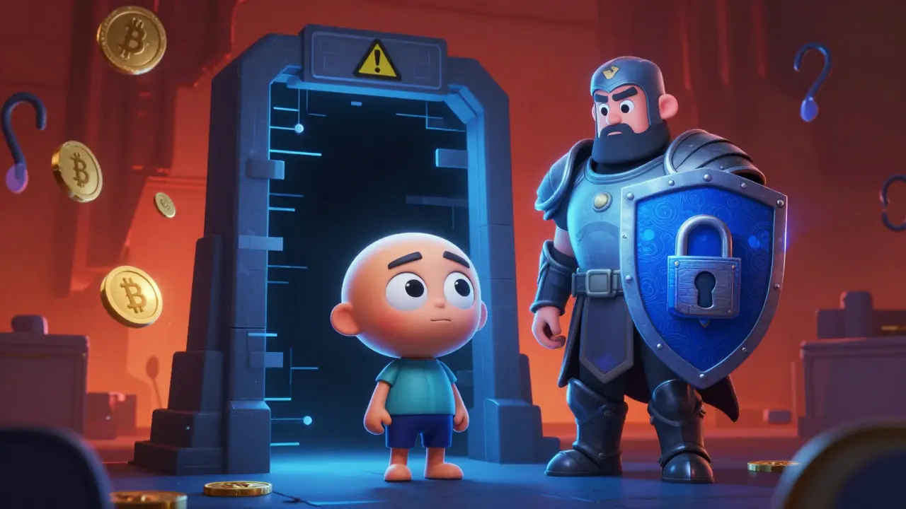 Cartoon character protected by a guardian from shady crypto scam portals.