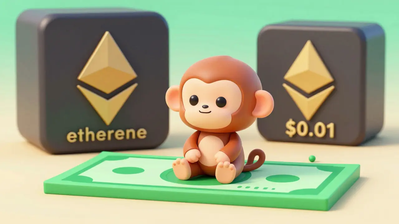 Cartoon monkey sitting on a large bill next to a tiny fee speck, symbolizing low costs.