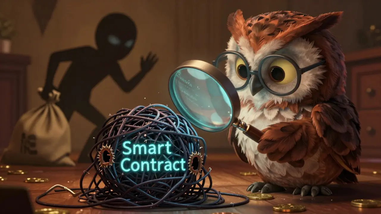 Cartoon owl inspecting dangerous smart contract code with a magnifying glass.
