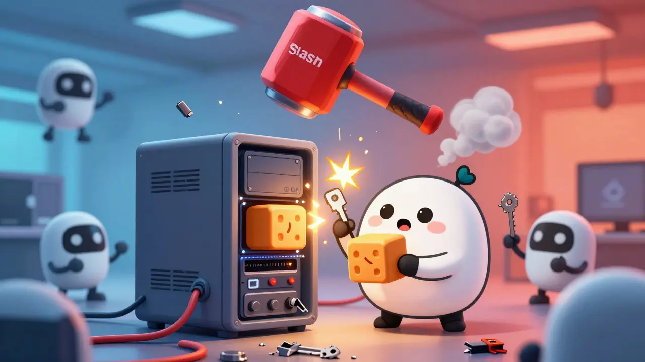 Cartoon server accidentally double-signing blocks as a giant hammer descends