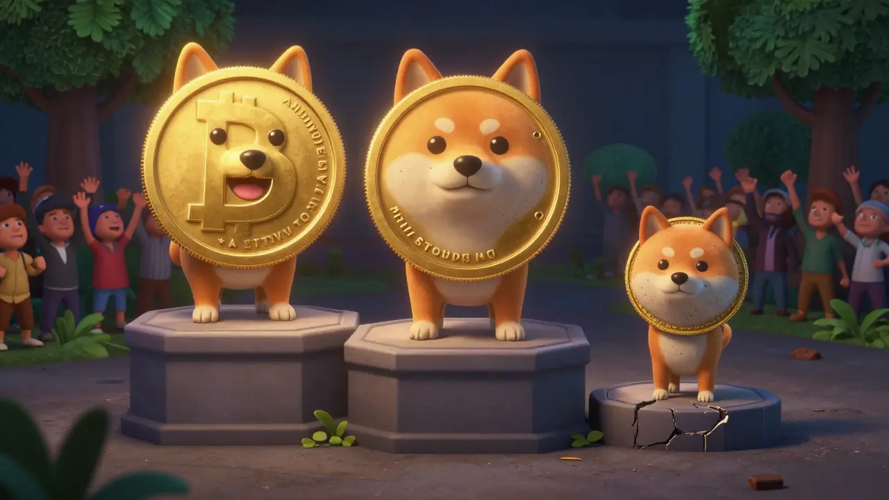 Comparison of stable major meme coins versus isolated, risky micro-cap token.