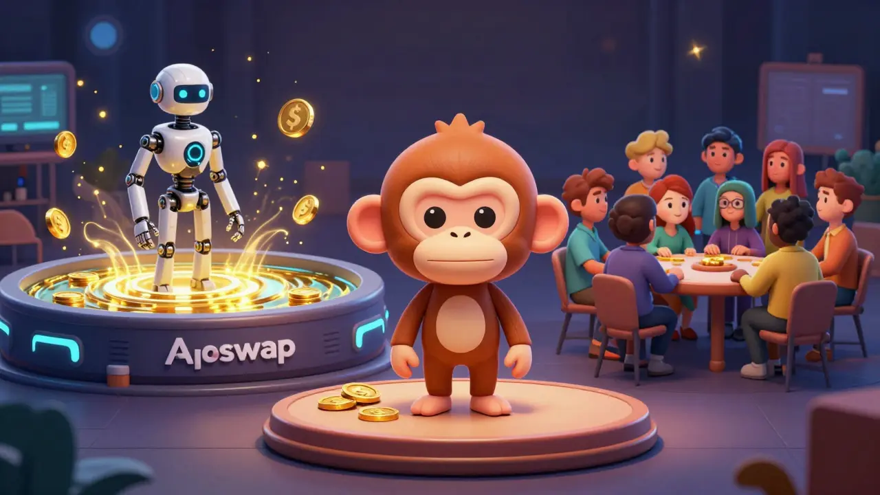 Comparison scene: Monkey on a quiet stage vs. busy platforms representing other DEXs.