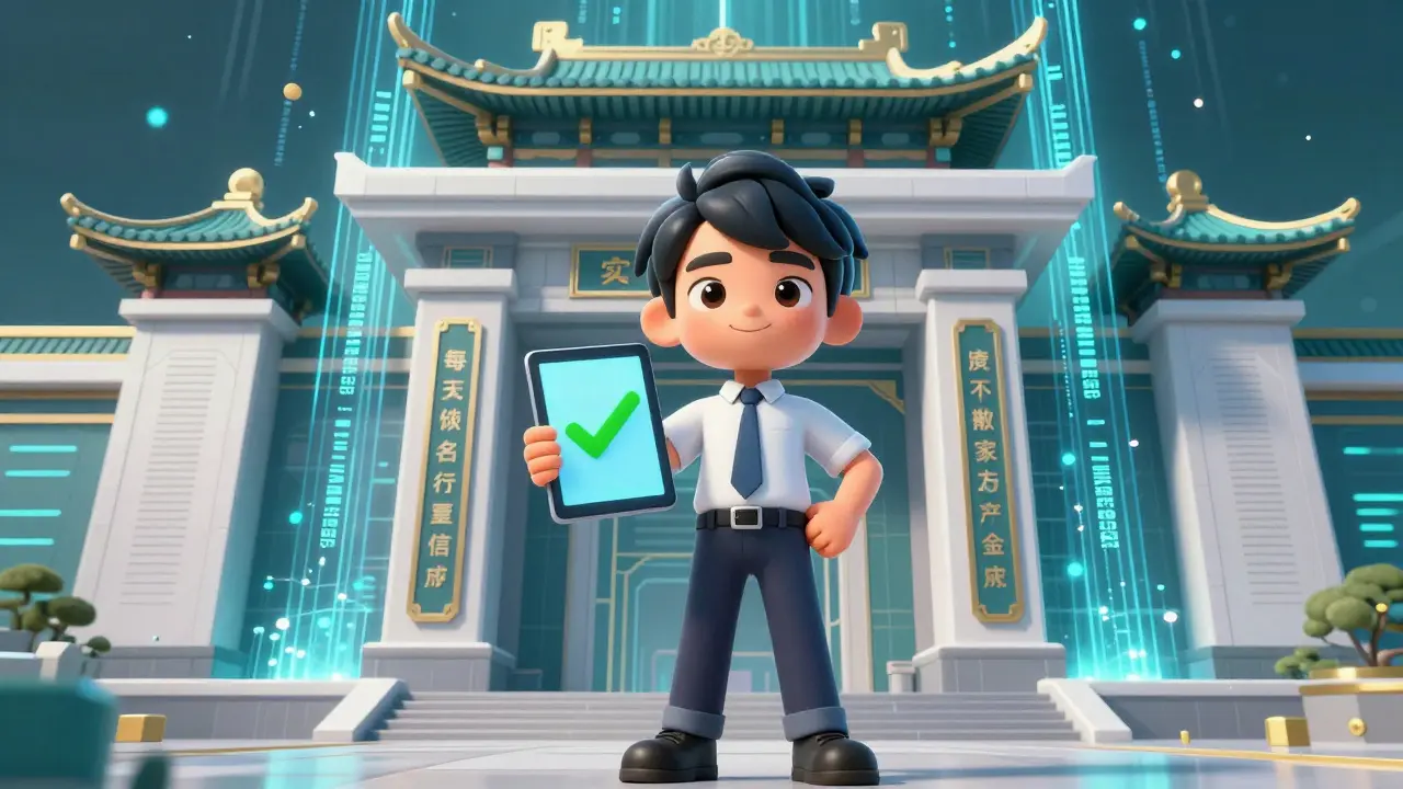 Confident individual complying with new crypto regulations in front of a modern building.