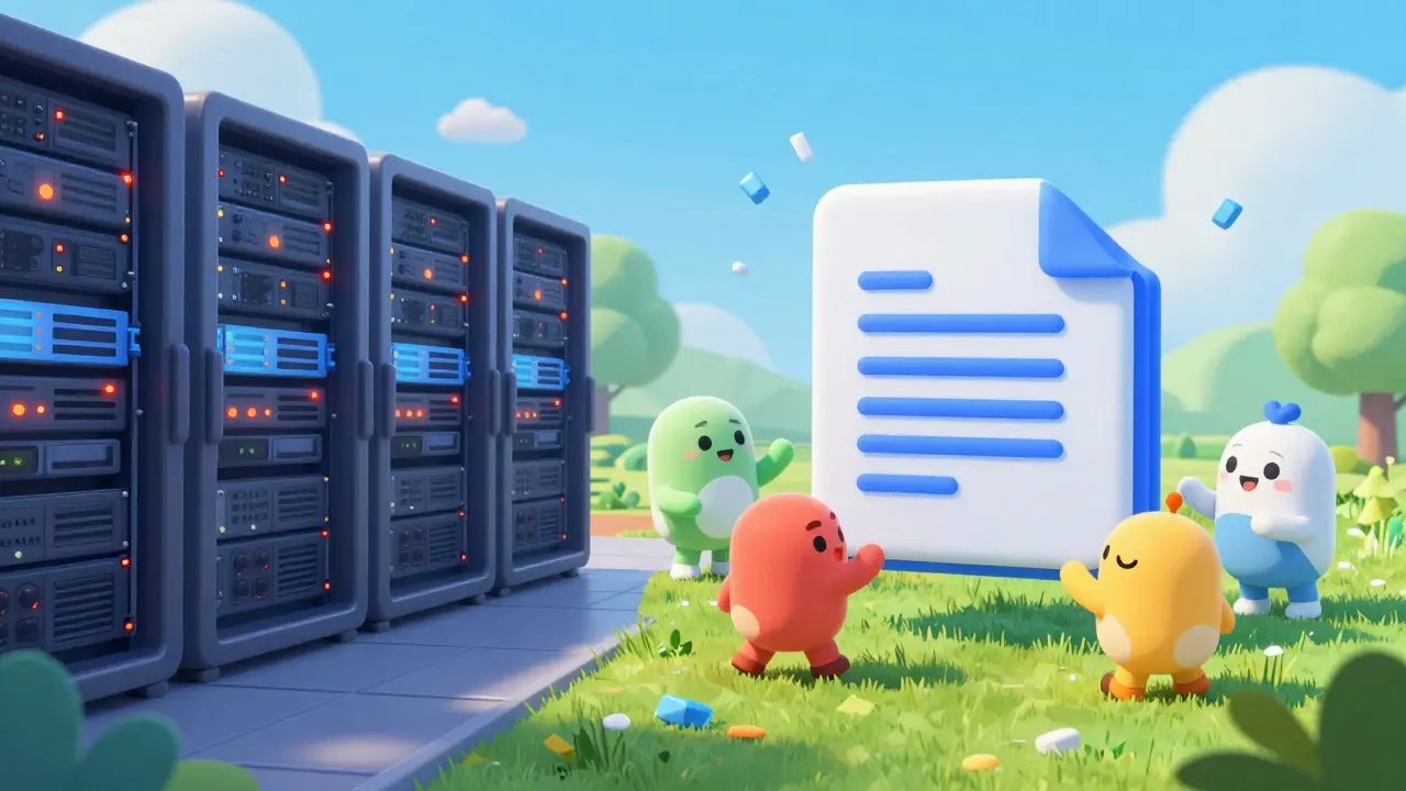 Cute AI assistants assembling data fragments in a vibrant digital landscape