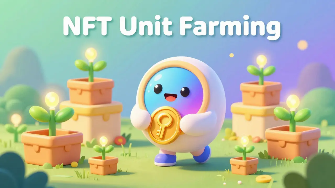 Cute character holding an NFT key with floating reward boxes and digital plants.
