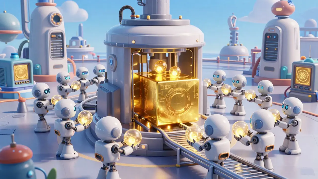 Cute robots assembling a golden Bitcoin block in a factory