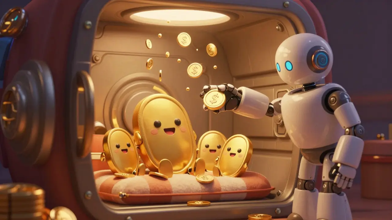 Cute tokens happily staking in a vault while receiving reward coins in Pixar style.