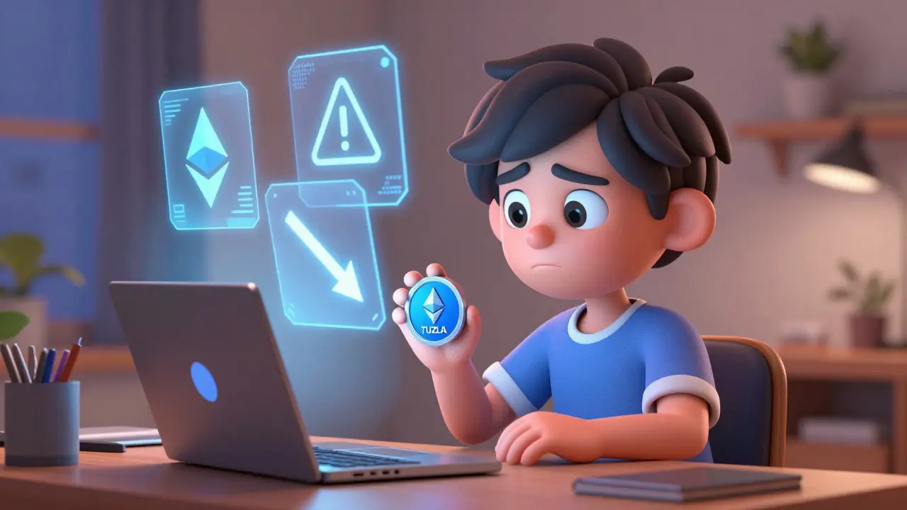 Fan analyzing crypto risks with floating blockchain icons