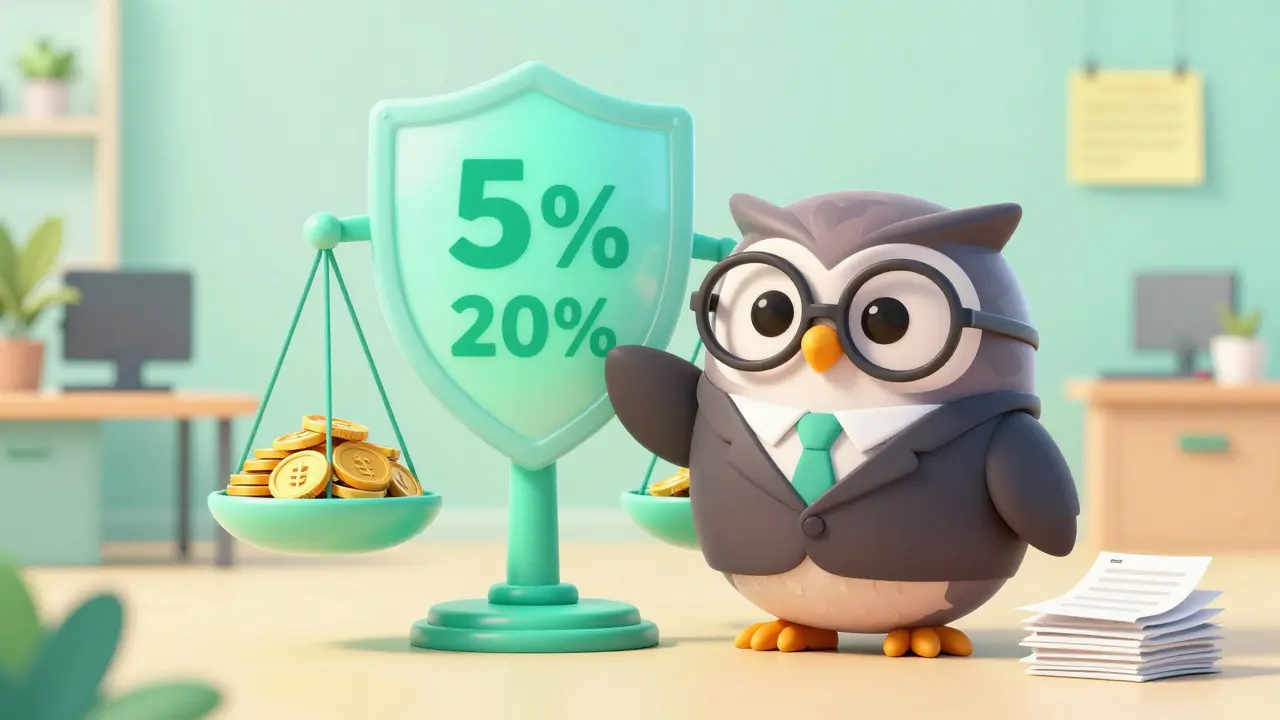 Friendly owl explaining 5% VAT and 20% income tax rates with a balance scale.