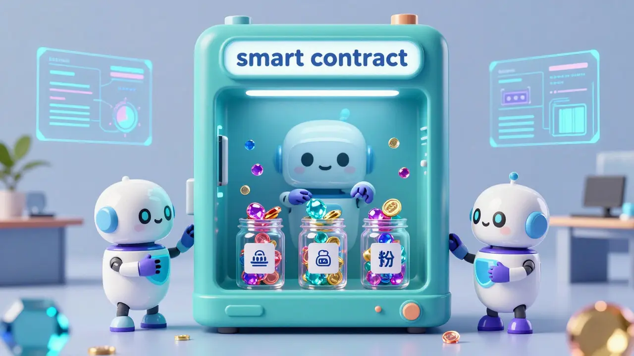 Friendly robots automating smart contracts and distributing tokens in Pixar style