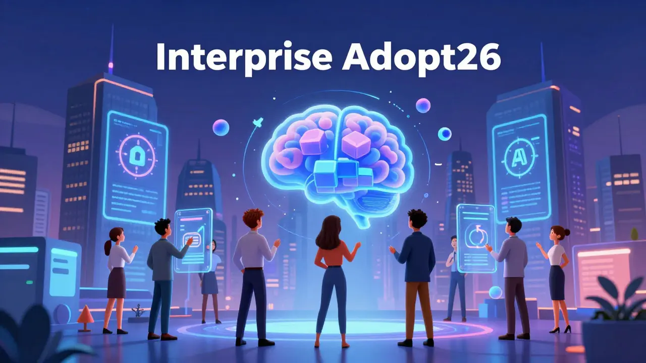 Futuristic cityscape showing AI and blockchain integration in enterprise tech