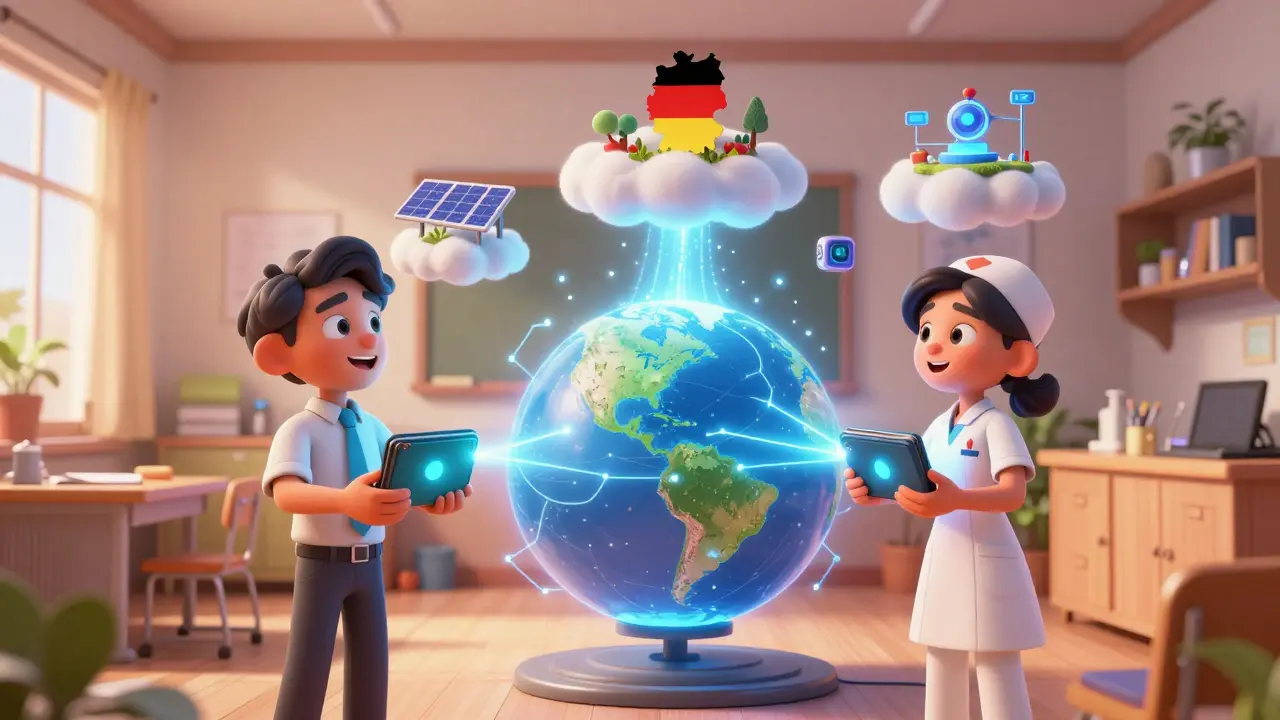 Global investors connected to worldwide assets via digital wallets in Pixar style