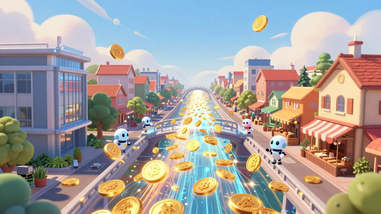 Glowing coins flowing instantly between countries via digital bridge