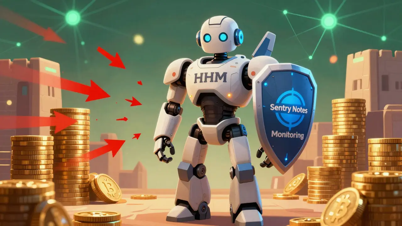 Guardian robot protecting crypto tokens with security shields and armor