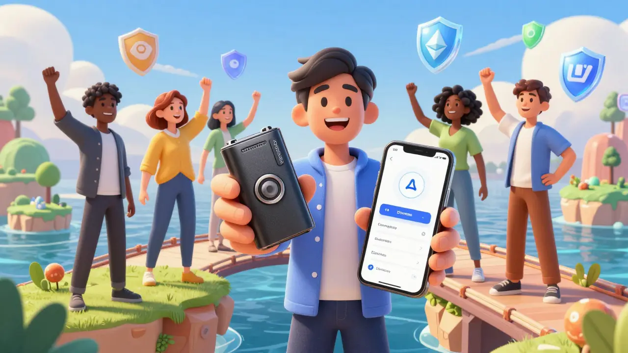 Happy traders using hardware wallets and phones on a cross-chain bridge