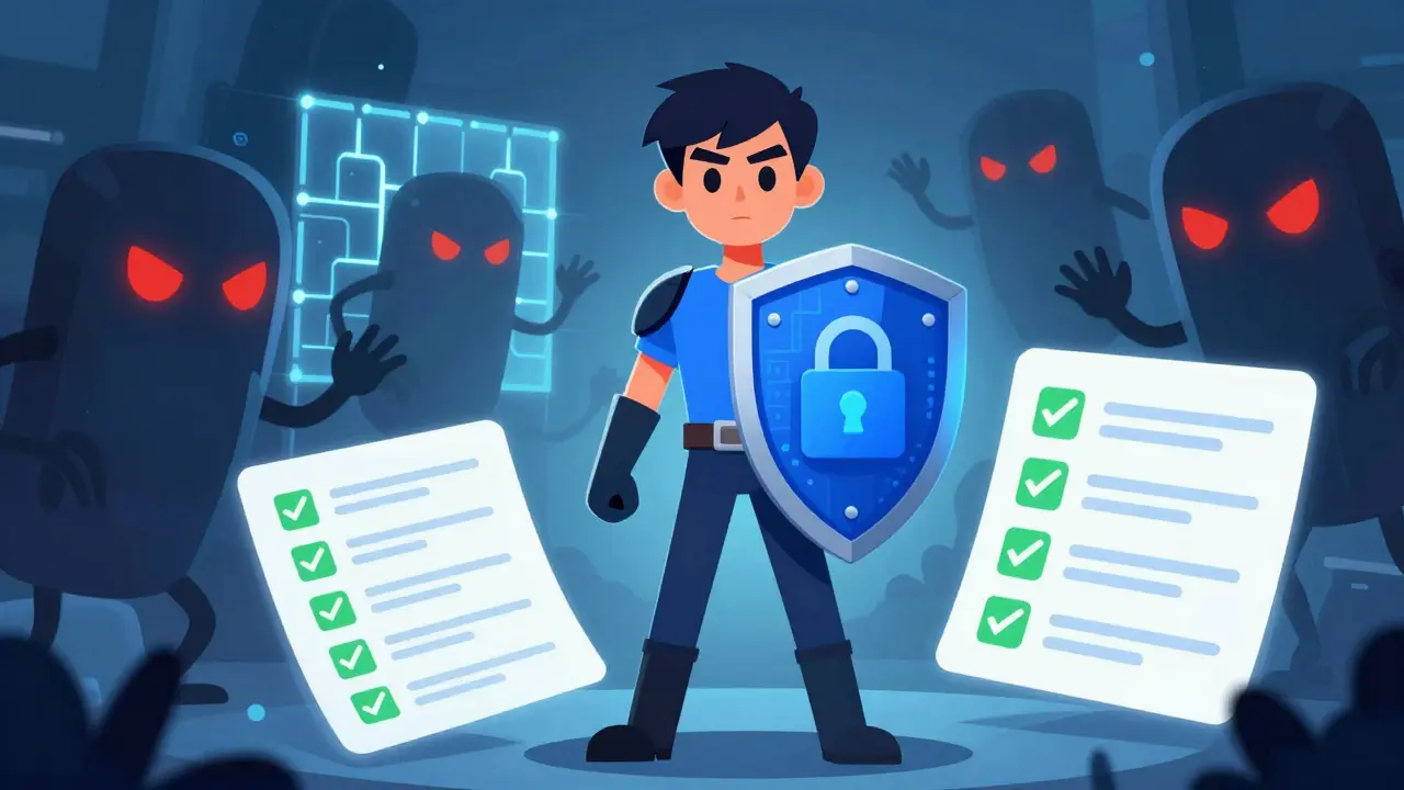 Heroic character protecting a wallet from shadowy scam bots with a light shield.