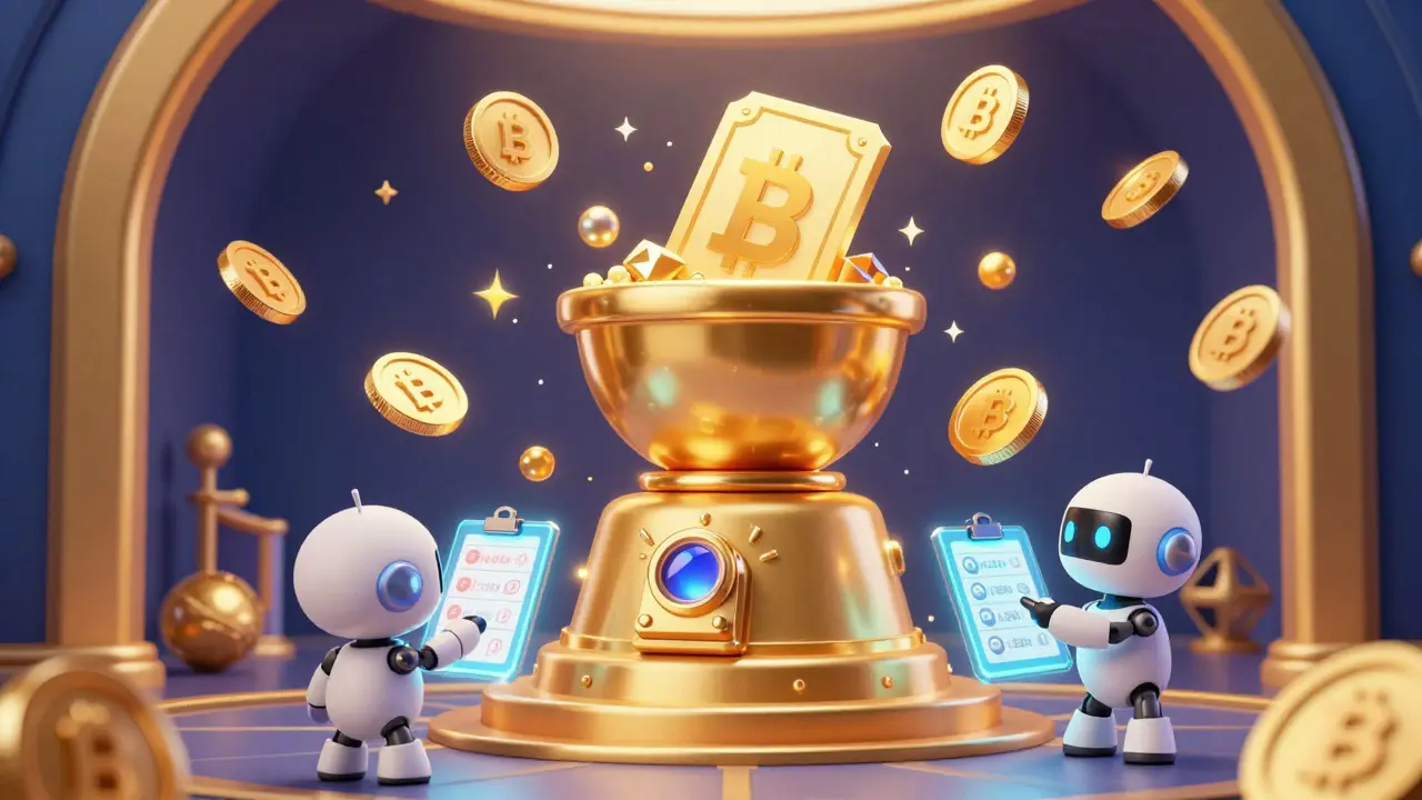 Magical vault dispensing glowing tokens with robot assistants checking lists.