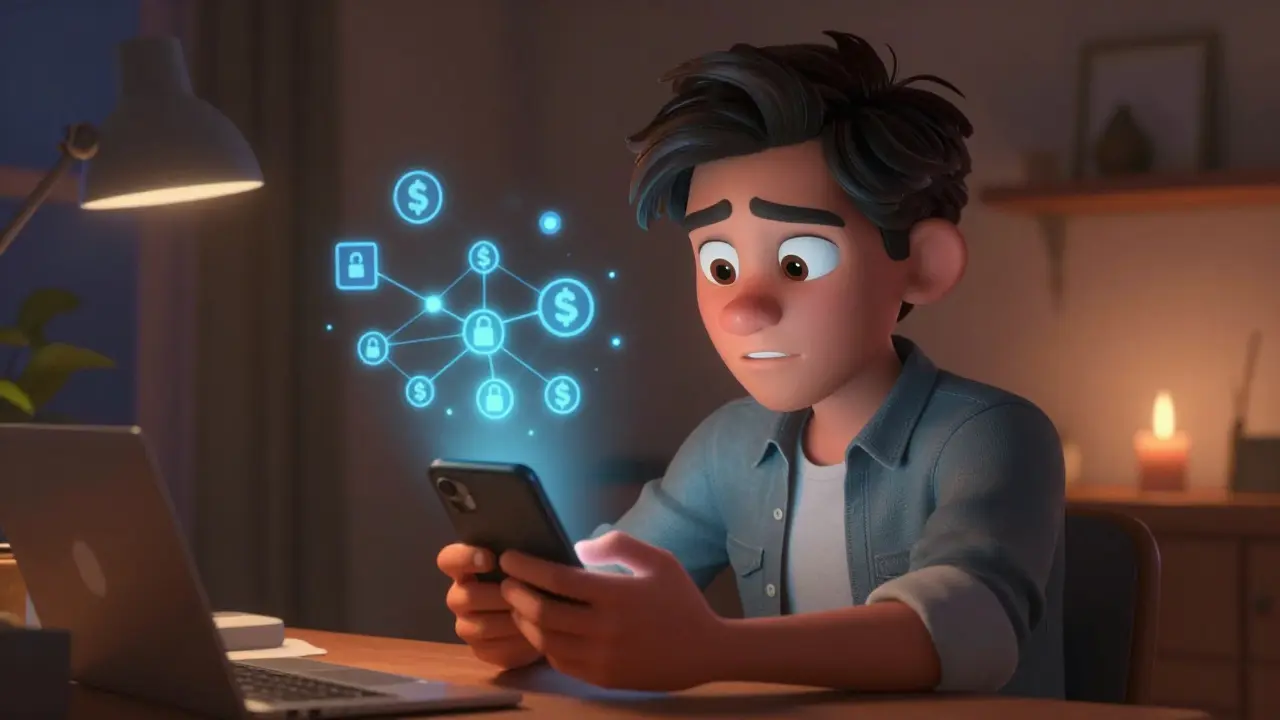 Man using smartphone for stable crypto savings at night