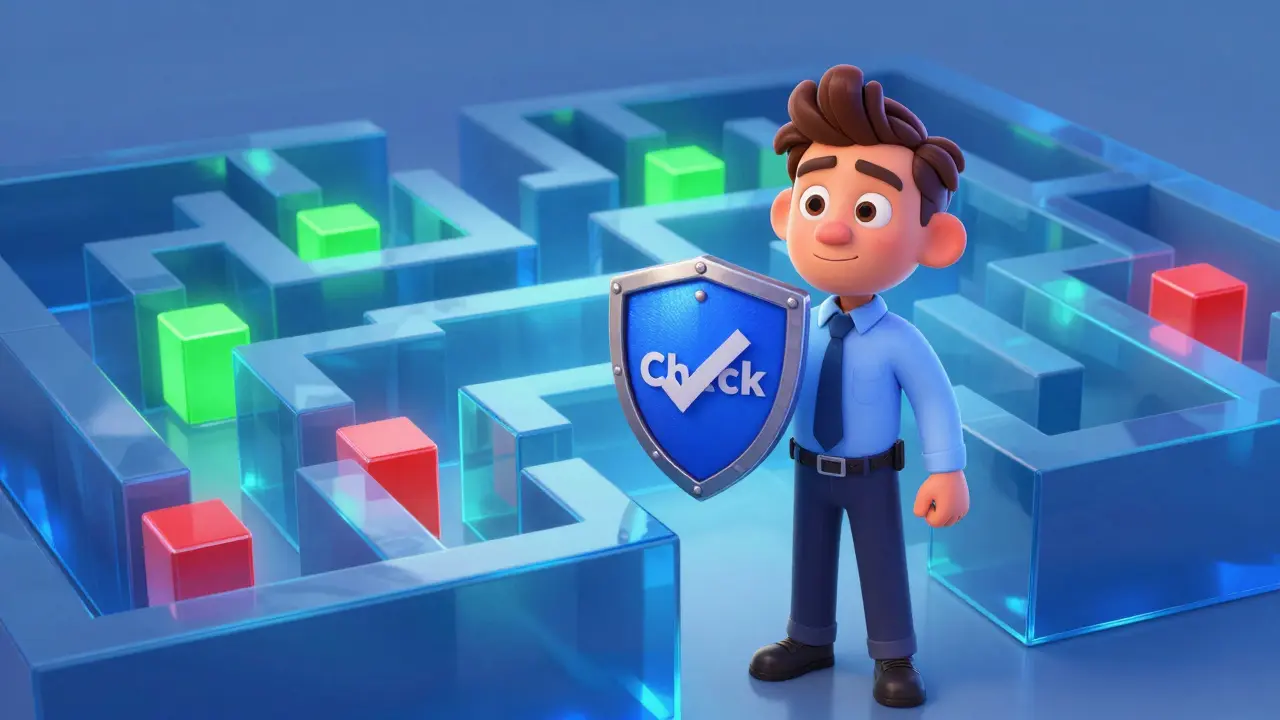Official guiding through a maze of regulatory compliance blocks