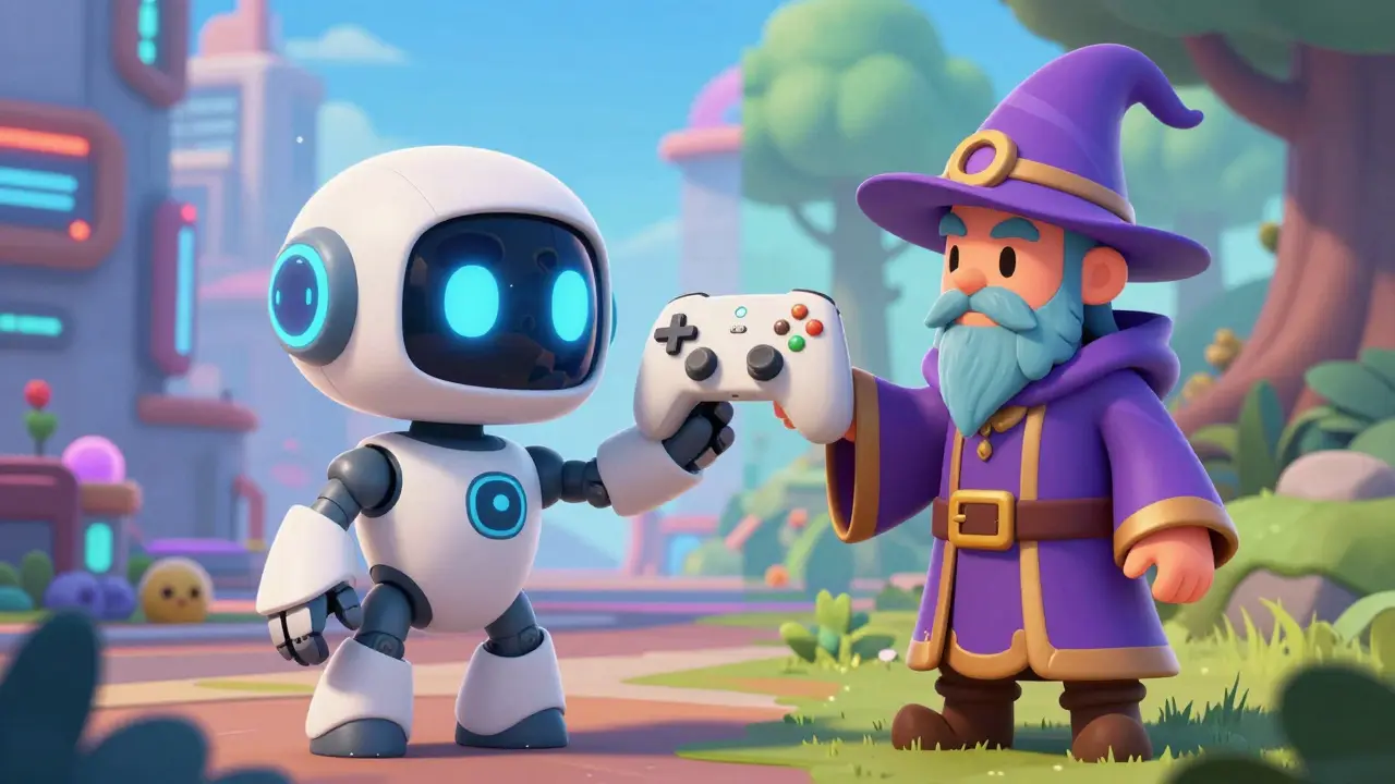 Robot and wizard sharing a helmet across different game worlds.