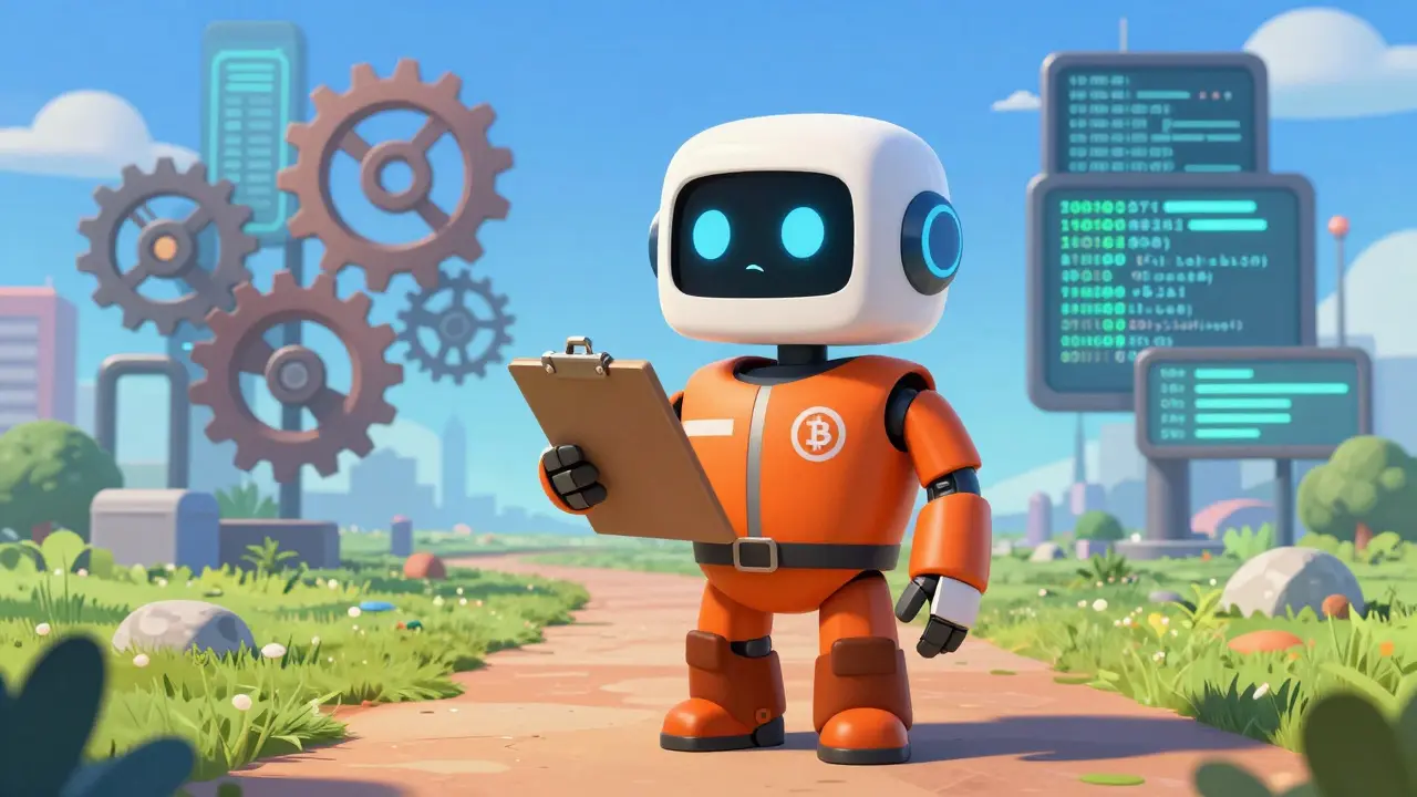 Robot gatekeeper blocking path to open blockchain gears behind it.