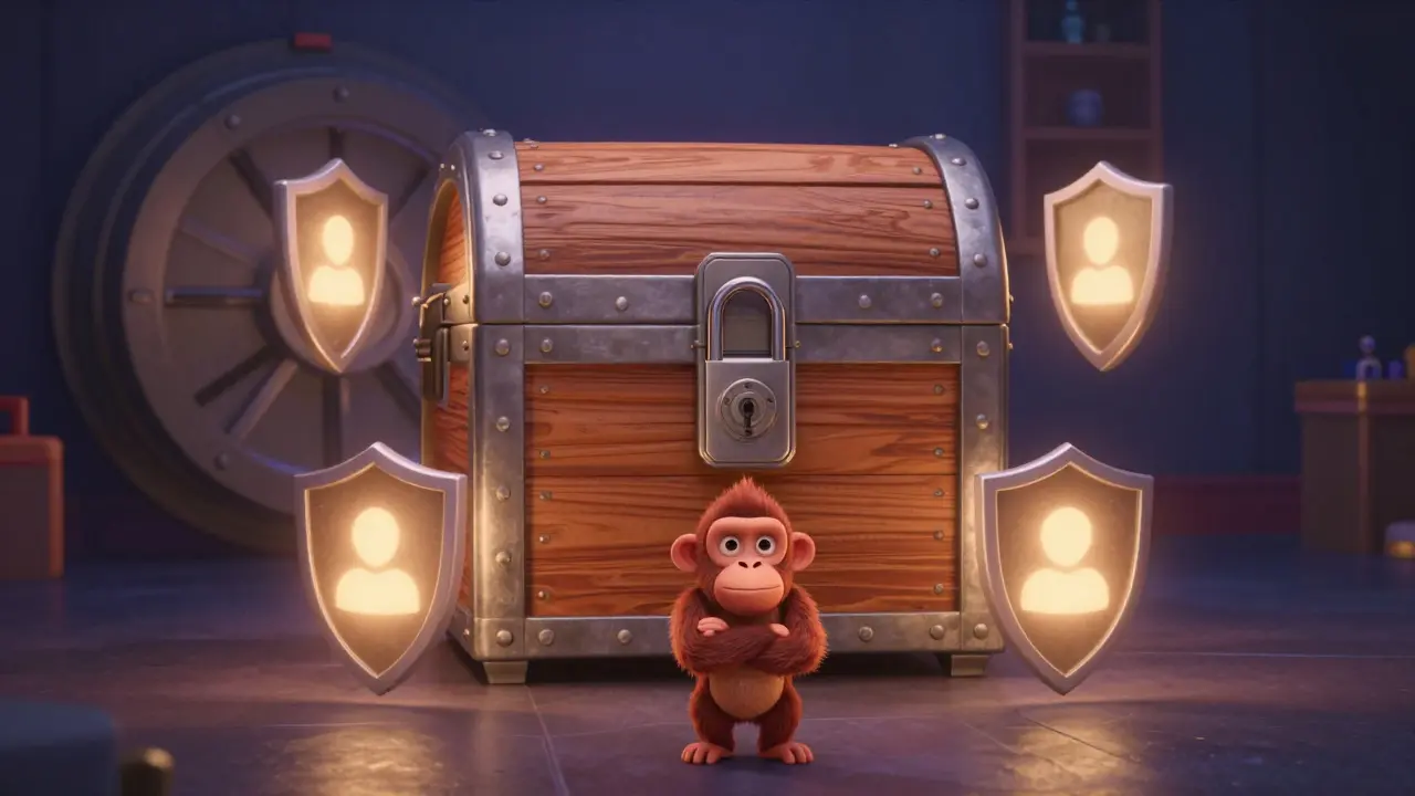 Secure digital vault guarded by a cartoon ape with a hardware wallet