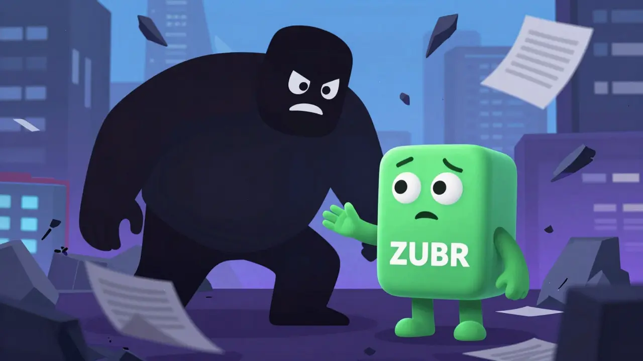 Shadowy FTX figure absorbing the smaller ZUBR character amidst a collapsing digital cityscape