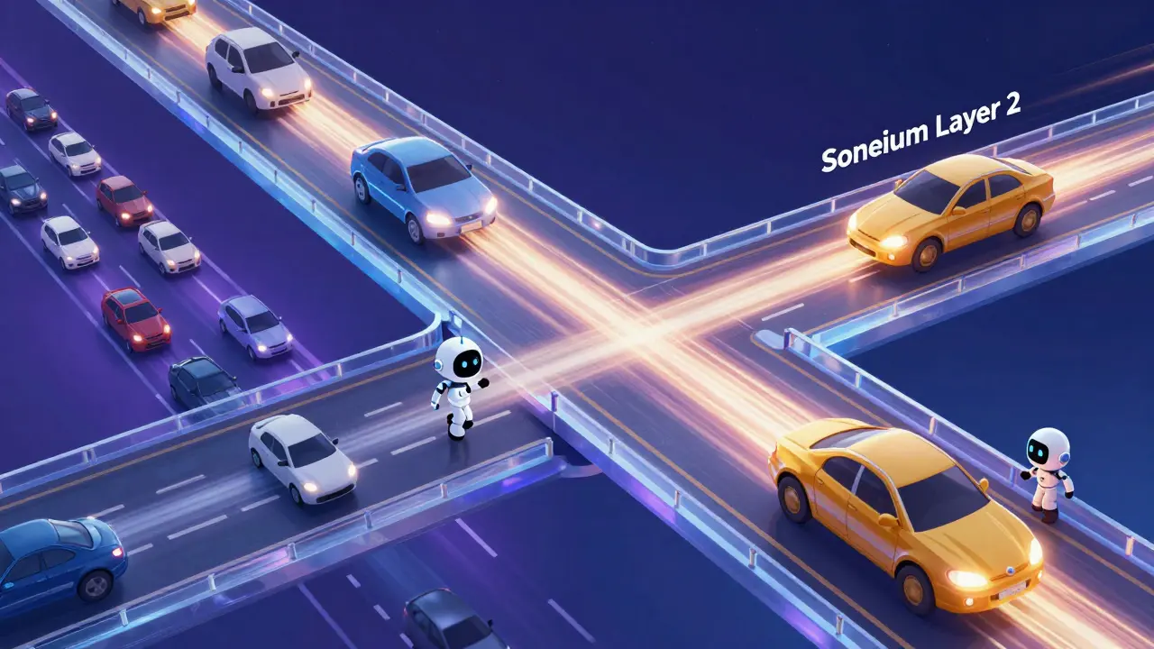 Sleek bridge connecting slow mainnet to fast Soneium layer 2 network.