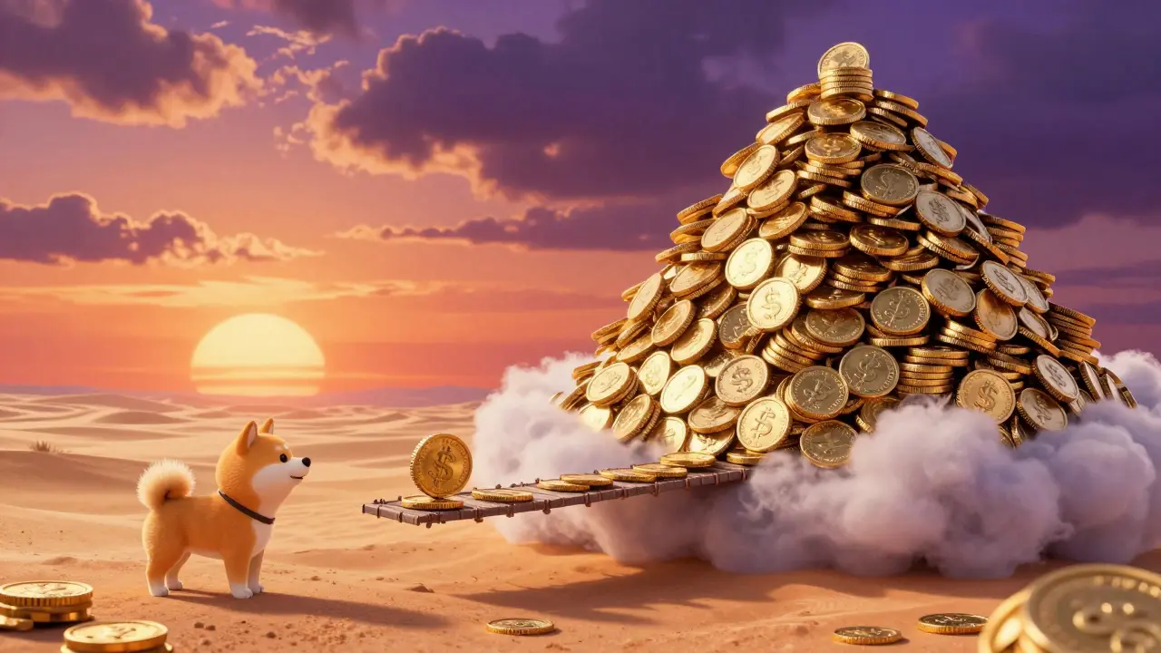 Tiny dog facing a mountain of coins, illustrating huge supply and low liquidity.