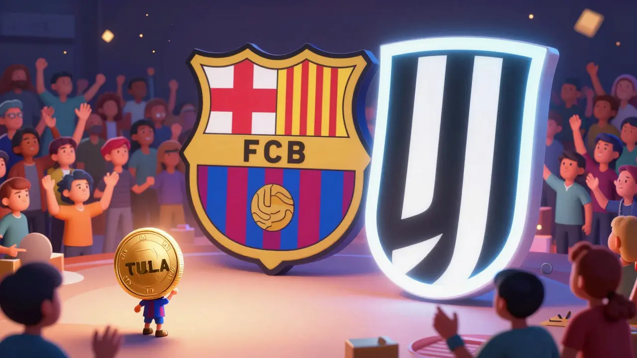 Tiny TUZLA coin next to giant global fan tokens in Pixar style
