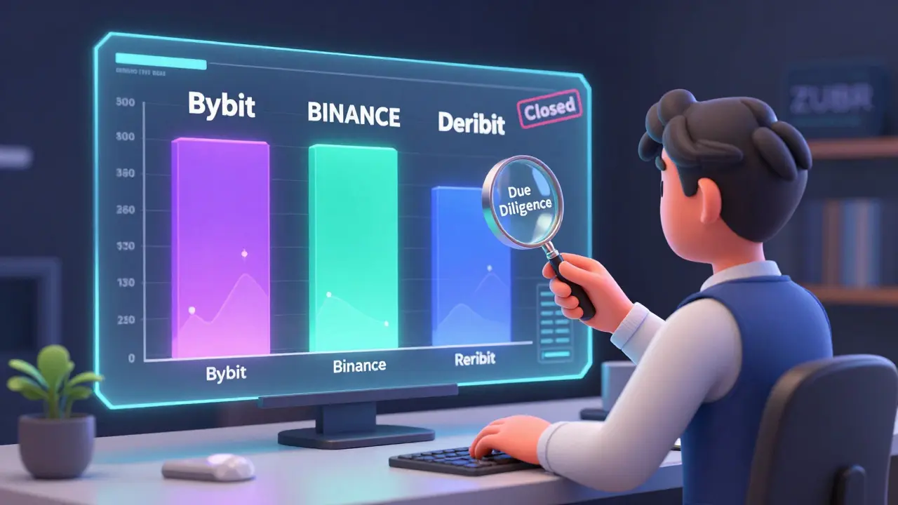 Trader comparing active crypto exchanges against a faded, closed ZUBR platform icon