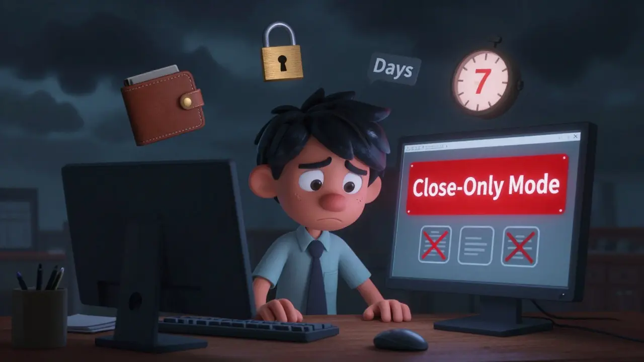 Trader stressed by red close-only mode warning and lock icons.