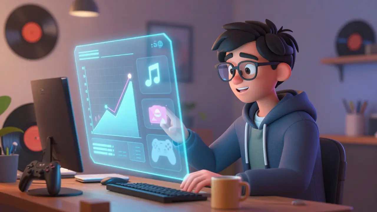 User interacting with holographic DeFi interface surrounded by gaming gear.