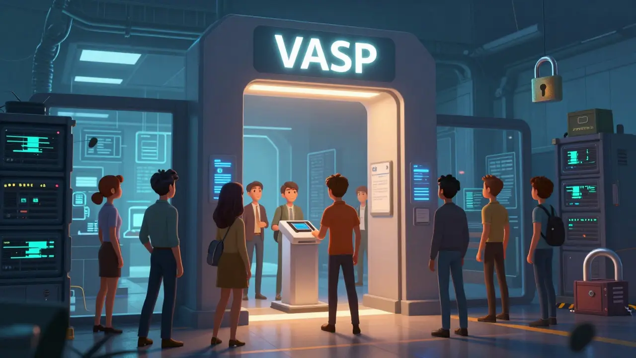 Users passing through a secure VASP gateway with ID scanners
