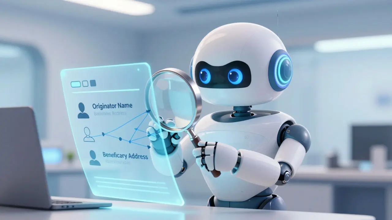 A cute robot inspecting a blockchain ledger for customer data verification.