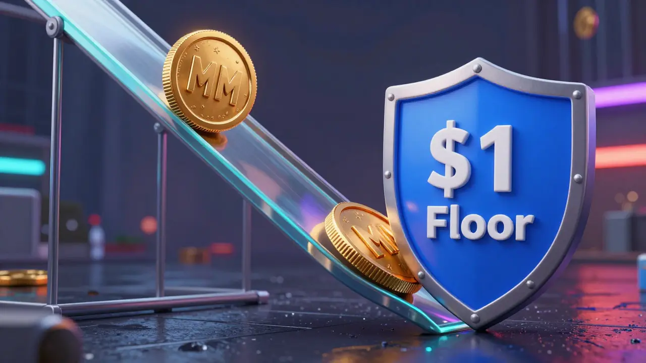 A golden MM coin hitting a  floor barrier on a crashing price chart slide in Pixar style.